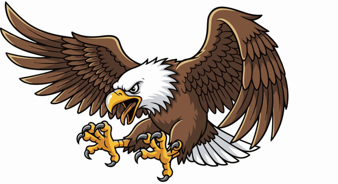 Fierce cartoon eagle with wings spread, sharp talons extended, ready to strike