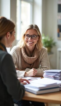 Two women talk in bright office with stacks of papers. One person smiles friendly while discussing important topics. They work on project planning.