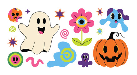 Obraz premium Retro Halloween Characters: Ghost, Pumpkin, Flower, Monster with 70s Vibe