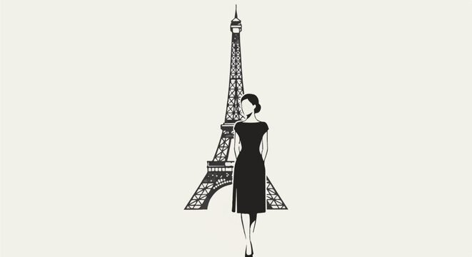 Elegant silhouette of a woman in a black dress before Eiffel Tower