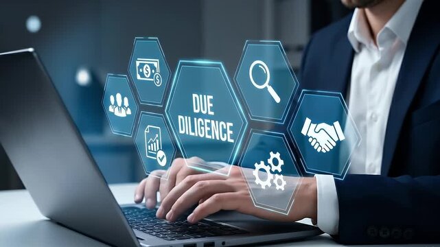 Due diligence concept. Businessman using laptop with due diligence icon on virtual screen.
