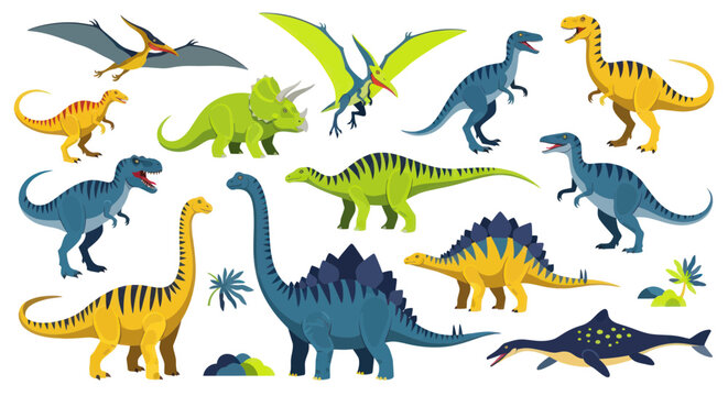 Collection of diverse dinosaurs and prehistoric creatures, cartoon style, white background