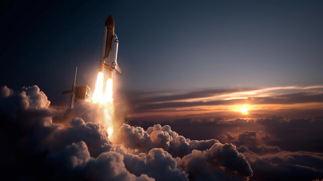 Powerful rocket ascending into sky surrounded by clouds and flames, human innovation and relentless pursuit of challenges beyond our planet concept, defocused background, with