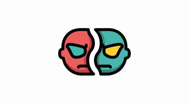 Split faces in contrasting colors, representing dual nature or conflict