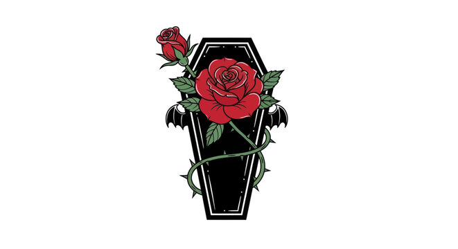 Gothic Rose on Coffin with Bat Wings, Dark Romance Symbol