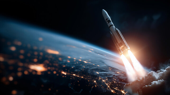 Stunning rocket lifting off into space against backdrop of Earth's curvature, human ambition and technological advancement in space exploration concept, defocused background, with