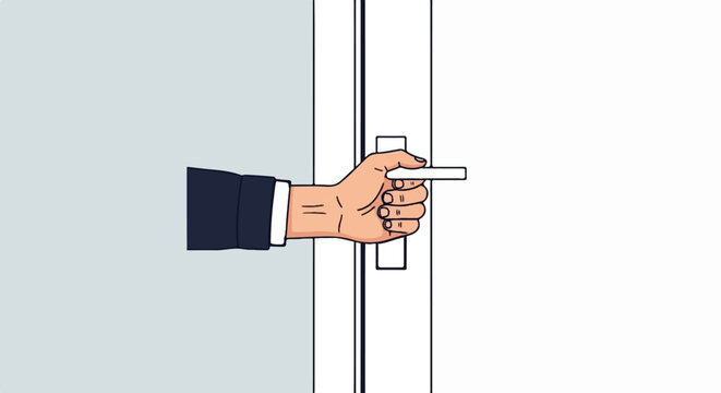 Hand in suit jacket opening white double doors