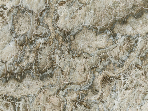 Aerial view of cracked earth patterns create a mesmerizing tapestry of beige, brown, and white hues, displaying nature's artistry, Walvis Bay, Erongo Region, Namibia.