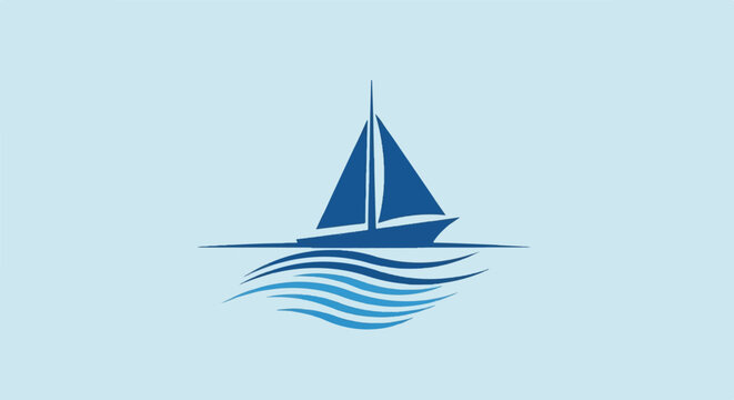 Minimalist blue sailboat gliding on stylized wavy water