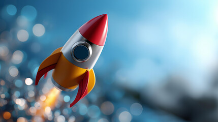 Fototapeta premium Dynamic colorful rocket launching against bright blue background, ambition exploration and excitement of space travel symbolized concept, defocused background, with copy space