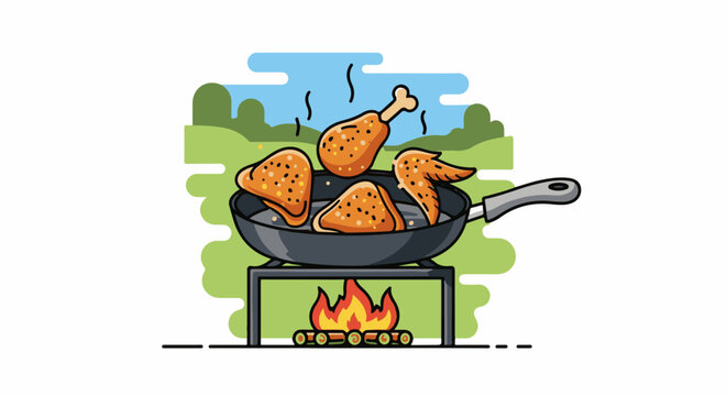 Crispy fried chicken pieces cooking in a pan over an open fire outdoors