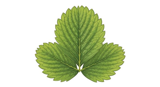 A vibrant green leaf with serrated edges and distinctive veins on a white background likely from a strawberry plant
