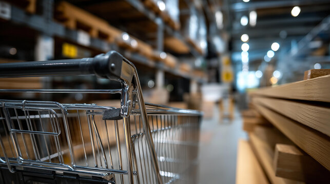 Shopping cart positioned in a lumber warehouse aisle representing an industrial retail supply environment. Defocused shelving background. Shopping cart, lumber warehouse,