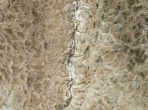 Aerial view of the cracked earth's mosaic pattern, a parched canvas etched with white veins, contrasting sharply against the arid landscape, Walvis Bay, Erongo Region, Namibia.