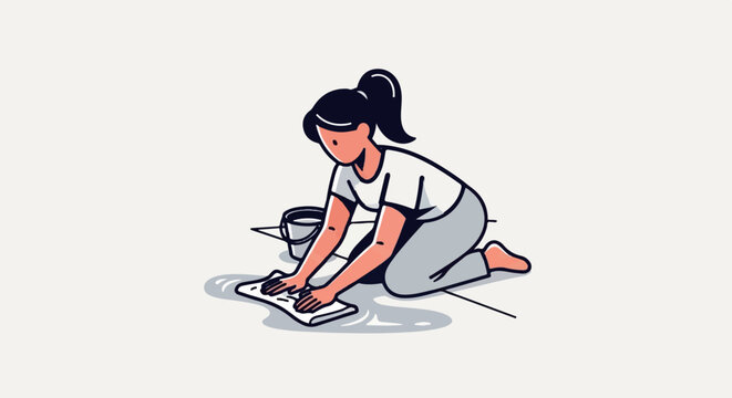 A person kneels to clean a wet floor with a cloth and bucket