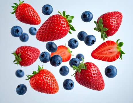 Assorted fresh strawberries and blueberries floating against a pale blue backdrop