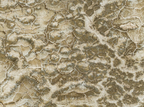 Aerial view of cracked earth revealing a mosaic of textures and tones under the harsh sun, creating an abstract landscape, Walvis Bay, Erongo Region, Namibia.