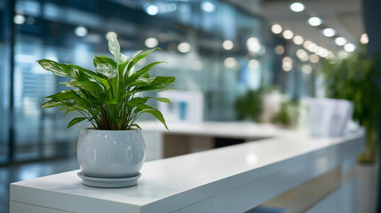 Fototapeta premium Clean modern dental clinic reception area with a white counter and a potted plant in a bright spacious medical hall. Defocused background. Dental reception, white counter, clinic