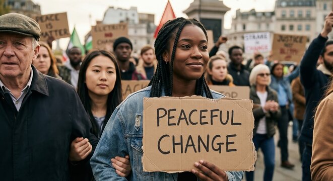 Smiling Young Black Woman Carrying Peaceful Change Sign at International Demonstration