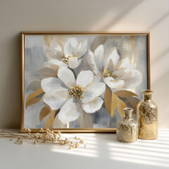 Obraz premium Large wall art shows white flowers with gold accents next to decorative vases in a bright room during daytime