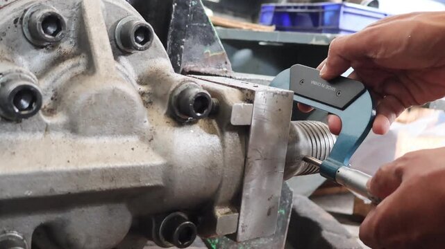 A close-up photograph of a technician using a blue outside micrometer to measure a metal shaft workpiece within a workshop lathe setup. Precise metrology for engineering quality control.