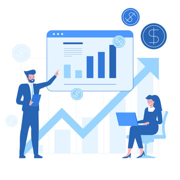 CRM. Marketing optimization concept with growth chart and analytics dashboard. Business team improving campaign performance, increasing conversions and maximizing revenue through data insights. Vector