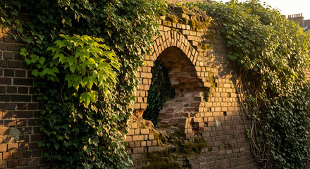 Naklejka premium Old brick wall with arched opening overgrown with ivy illuminated by warm sunlight showcasing weathered texture and architectural detail