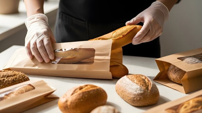 Chef wearing gloves carefully places fresh baked baguette into brown paper bag with window for customer takeaway order, other loaves of bread and paper bags on white table at bakery