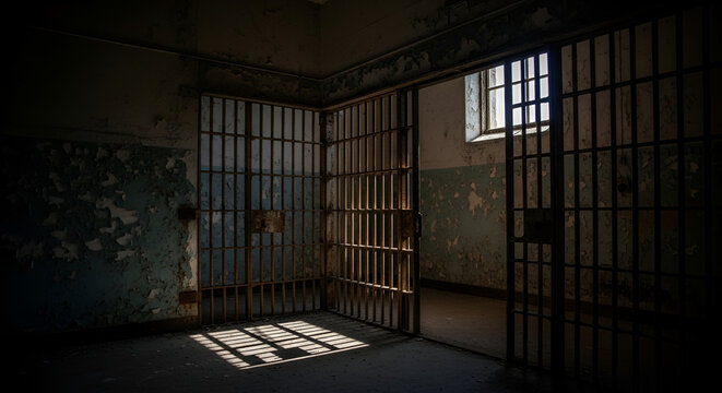 Old jail cell with metal bars peeling paint and sunlight shining through a window creating shadows on the floor of the abandoned prison