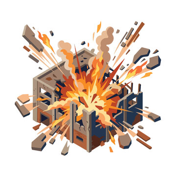 vector isometric of a building exploding after being hit by a missile 001