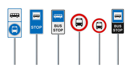 Various bus stop signs displayed on metal poles in a row © James