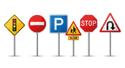A collection of traffic and road signs standing upright on poles in a row © James