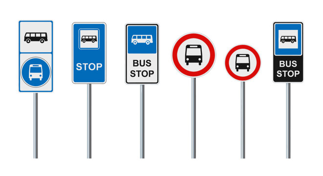 Various bus stop signs displayed on metal poles in a row