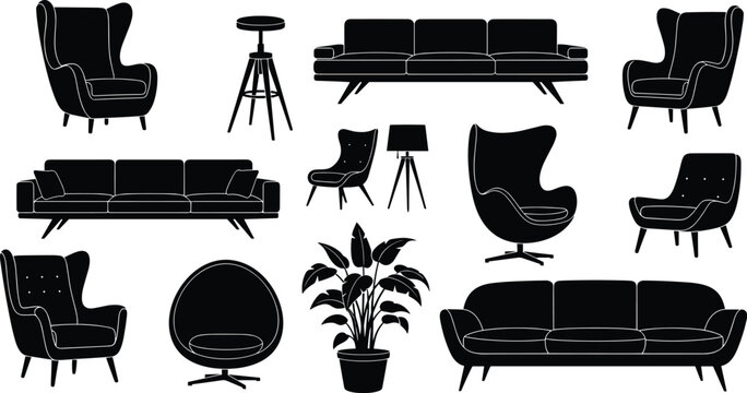 Modern furniture silhouettes with armchairs, sofas, lamp, table, plant, vector illustration for artwork, design, interior themes