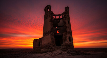 Obraz premium Old stone tower stands silhouetted against a vibrant sunset sky with orange and red hues in the desert landscape offering a scenic view