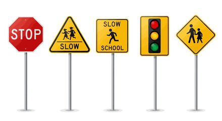 Traffic signs display stop, slow, school zone warnings on poles © James