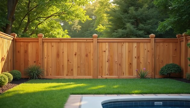 Wooden privacy fence creates secure backyard oasis. Beautiful backyard with green grass and trees. Fence provides privacy and security for home property.