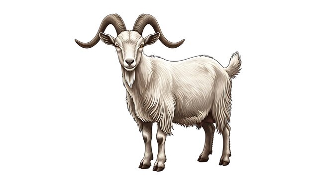 A majestic white goat with curved horns standing alone