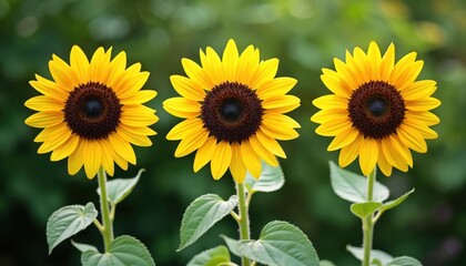 Obraz premium Three bright yellow sunflowers stand in a row against a soft green blurry background. These tall plants showcase their large brown centers and vibrant petals, perfect for summer themes.