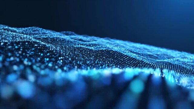 Blue abstract field of glowing dots forming a gentle wave, resembling a digital data ocean. Luminous