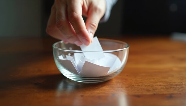 Hand selects paper slip from glass bowl on wood table. Random draw, choice, decision, or winning ticket. Fair chance for selection or outcome.