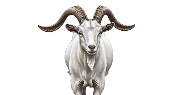 A white ram with large curved horns standing alone on a plain background looking directly at the camera with a calm demeanor and strong presence
