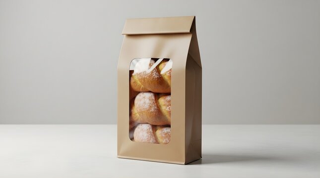 Paper bread bag with window standing on white table against neutral background containing three braided sweet buns sprinkled with powdered sugar for bakery product presentation and retail packaging