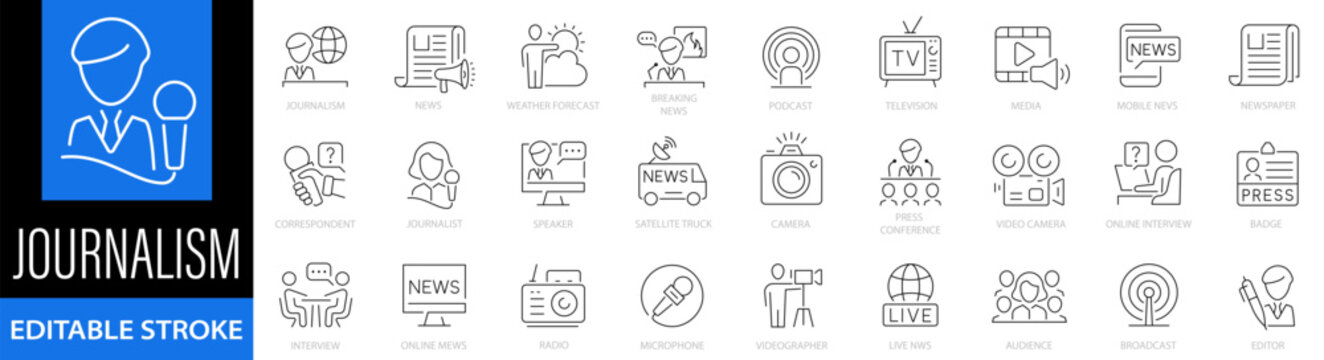 Journalism icon set. Mass media. News icons. Journalist, news, microphone, interview, reporter, podcast, newspaper, press conference. radio, media and more. Editable stroke. Vector illustration