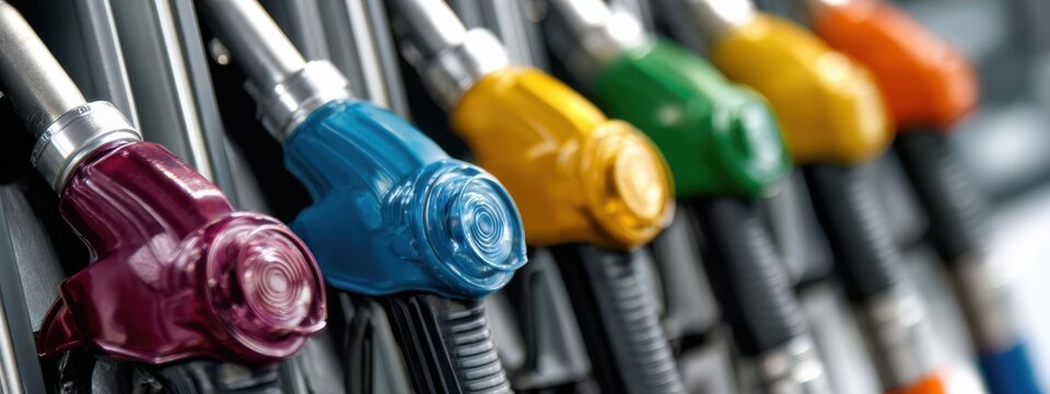 Different colors of fuel nozzles at a gas station in the afternoon light