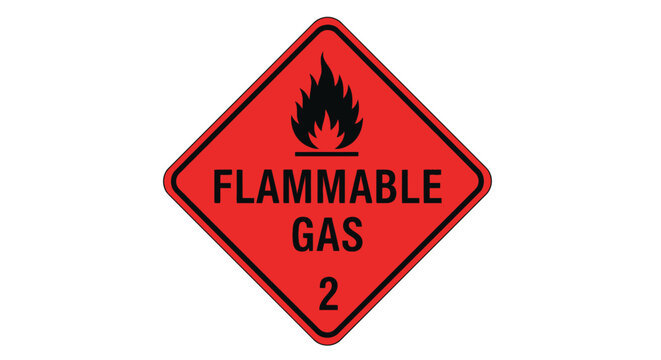 A warning sign displays a flammable gas symbol in a hazardous environment.