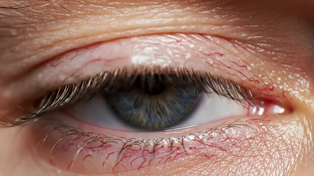 Extreme close up of a human eye with visible blood vessels and delicate eyelashes, showing details of eye anatomy and potential irritation.