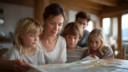 Fototapeta premium Multicultural family gathers around unfolded road atlas planning vacation route, sticky notes marking destinations across state borders on dining table, perfect for travel planning, family bonding, 