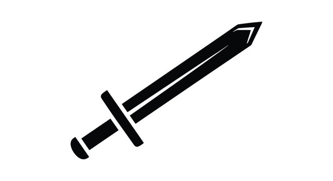 A stark depiction of a medieval sword blade and hilt clearly defined in black a minimalist silhouette