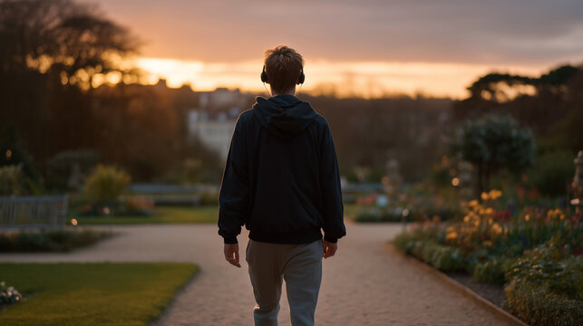 Socially drained introvert taking restorative solo walk through empty park at dusk, headphones on, deliberately choosing solitude to process overstimulating day, ideal for energy management and mode